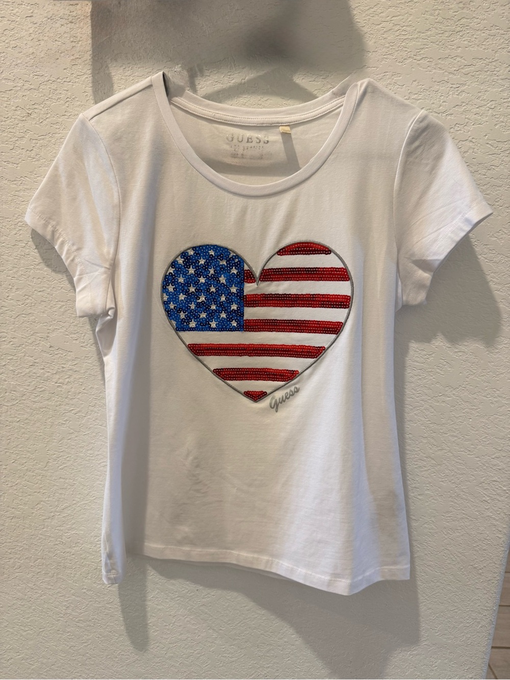 GUESS White Short-Sleeve Tee with Red & Blue Sequin Heart